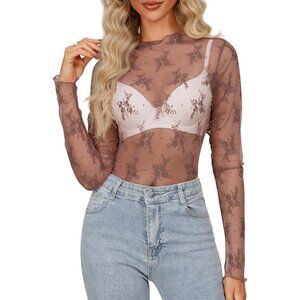🆕Women’s Brown Mesh Polyamide Long Sleeve Sheer Mock Neck Lace Floral Top